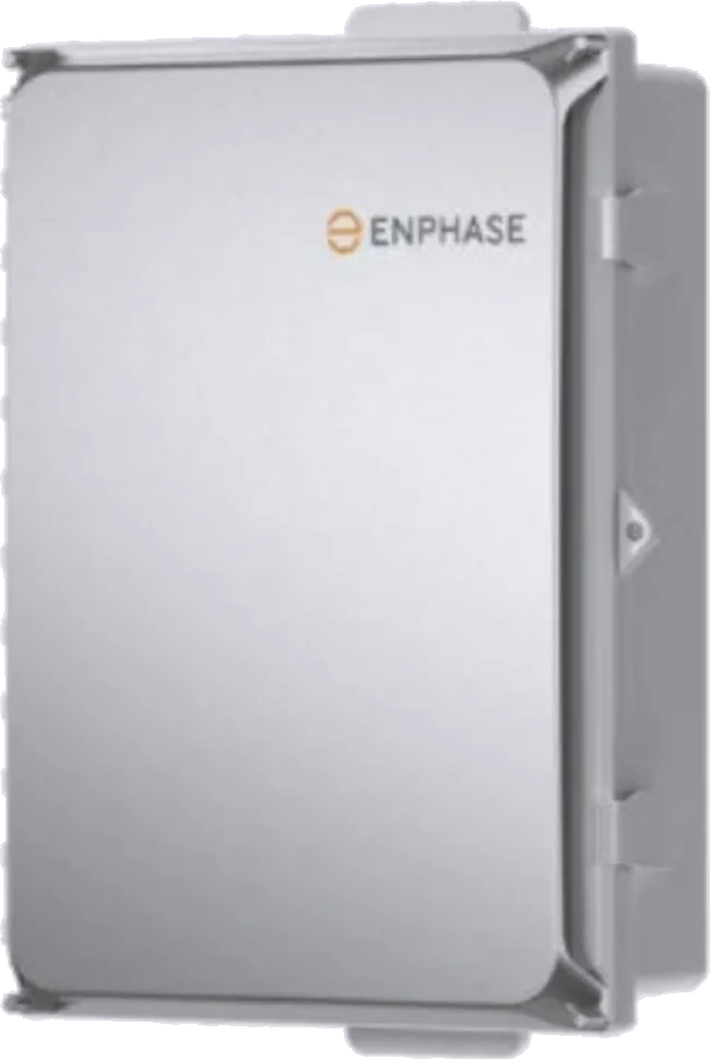 An Enphase system: a gray outdoor enclosure with the Enphase logo on the door.