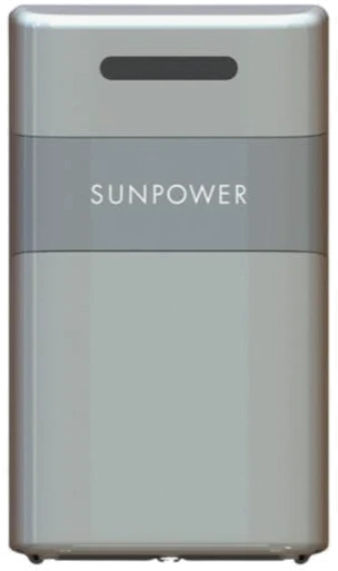 A SunPower PVS5: a gray wall box with a dark window at the top and SUNPOWER on a band across the middle.